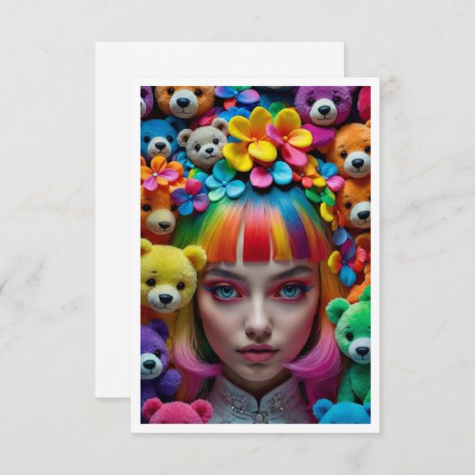 Kleurrijke regenboog anime meisje met bloemen en B Bedankkaart (Voorkant / Achterkant)