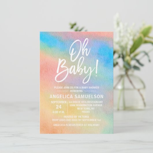 Kleurrijke Regenboog Aquarel Oh Baby Shower Kaart (Staand voorkant)