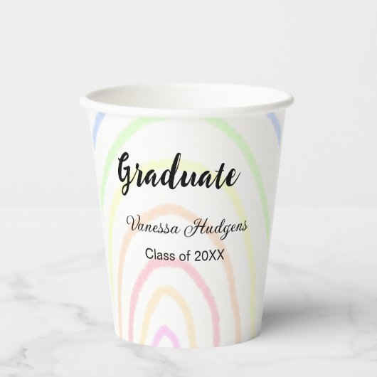 Kleurrijke regenboog boho afstuderen voeg naam jaa papieren bekers (Voorkant)
