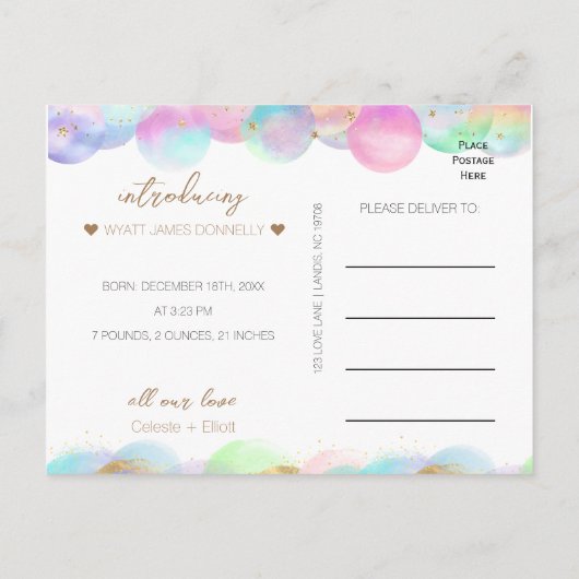 Kleurrijke regenboog bubbels foto geboorte aankond aankondigingskaart (Achterkant)