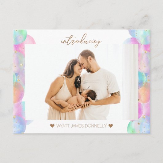 Kleurrijke regenboog bubbels foto geboorte aankond aankondigingskaart (Voorkant)