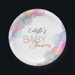 Kleurrijke regenboog bubbels wit Baby shower Papieren Bordje<br><div class="desc">Deze kleurrijke regenboog bubbels witte baby showers papieren borden is een vrolijke en grillige bubbels droom. Met een strakke witte achtergrond met eenvoudige, minimalistische tekst en handgeschreven script in zwart en licht goudbruin. Deze eigentijdse en elegante eenvoud is verfraaid met schattige en speelse regenboogbelletjes met goudkleurige glinsterende en schitterende sterren...</div>