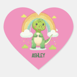 Kleurrijke Regenboog Dino met Kinder naam Hart Sticker