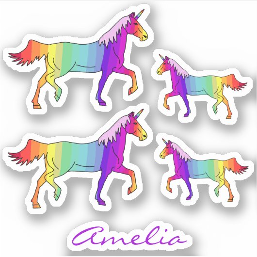 Kleurrijke Regenboog Eenhoorn Naam Kinder Sticker (Voorkant)