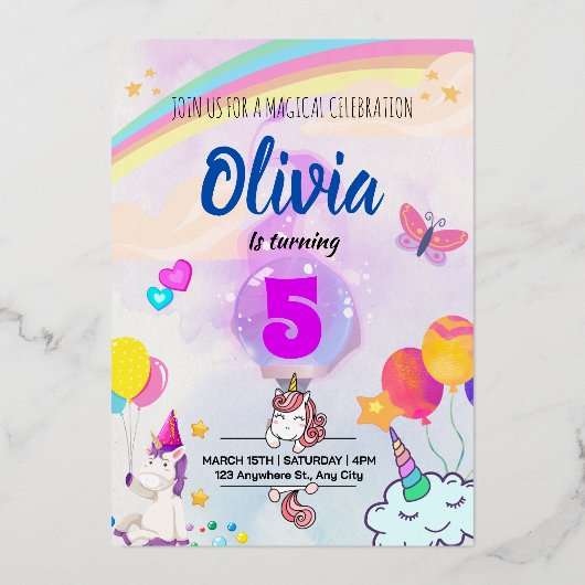 Kleurrijke Regenboog Eenhoorn Thema  Folie Uitnodiging (Voorkant)