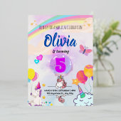 Kleurrijke Regenboog Eenhoorn Thema  Folie Uitnodiging (Staand Voorkant)
