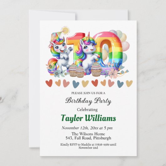 Kleurrijke regenboog en eenhoorn 10e verjaardagsfe kaart (Voorkant)
