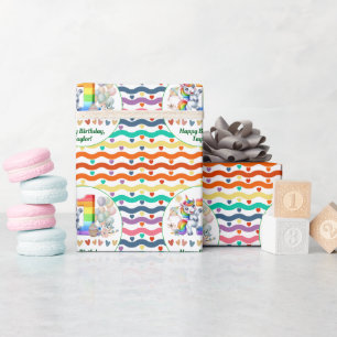 Kleurrijke regenboog en eenhoorn 1e verjaardagsfee cadeaupapier