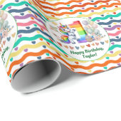 Kleurrijke regenboog en eenhoorn 1e verjaardagsfee cadeaupapier (Rol Hoek)