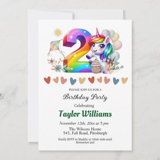 Kleurrijke regenboog en eenhoorn 2e verjaardag par kaart (Voorkant)