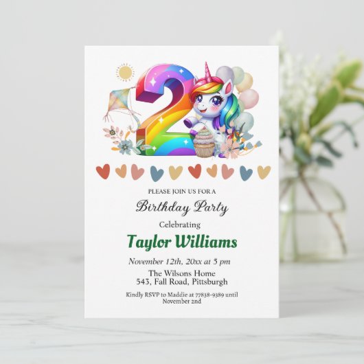 Kleurrijke regenboog en eenhoorn 2e verjaardag par kaart (Staand voorkant)