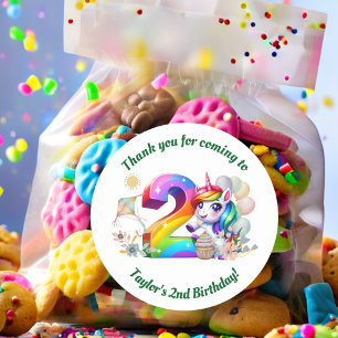 Kleurrijke regenboog en eenhoorn 2e verjaardag par ronde sticker