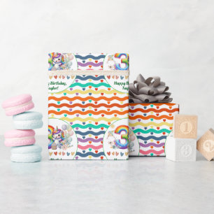Kleurrijke regenboog en eenhoorn 3e verjaardagsfee cadeaupapier