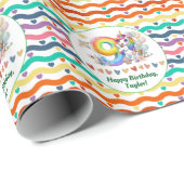 Kleurrijke regenboog en eenhoorn 9e verjaardagsfee cadeaupapier (Rol Hoek)