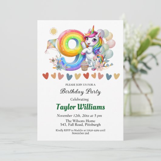 Kleurrijke regenboog en eenhoorn 9e verjaardagsfee kaart (Staand voorkant)