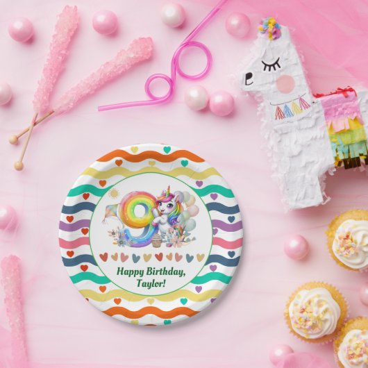 Kleurrijke regenboog en eenhoorn 9e verjaardagsfee papieren bordje (Feest)