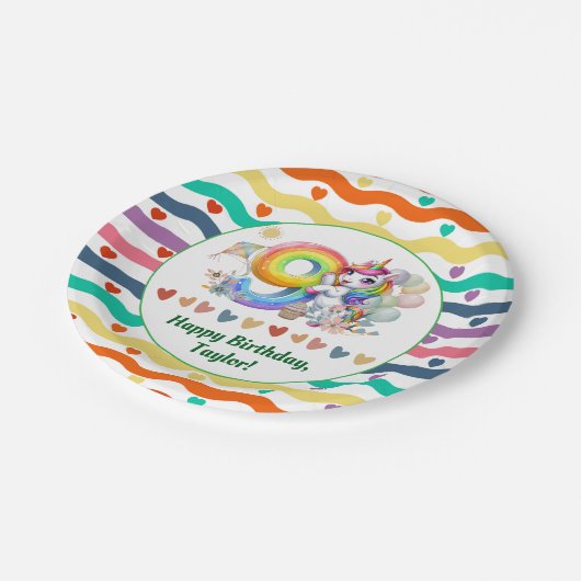 Kleurrijke regenboog en eenhoorn 9e verjaardagsfee papieren bordje (Gekanteld)