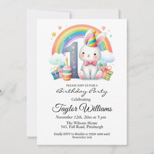 Kleurrijke regenboog en konijn 1e verjaardagsfeest kaart (Voorkant)