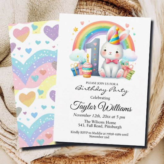 Kleurrijke regenboog en konijn 1e verjaardagsfeest kaart