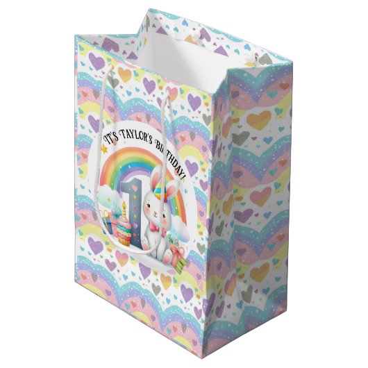 Kleurrijke regenboog en konijn 1e verjaardagsfeest medium cadeauzakje (Voorkant Gekanteld)