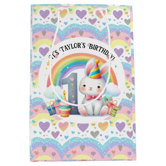 Kleurrijke regenboog en konijn 1e verjaardagsfeest medium cadeauzakje (Voorkant)