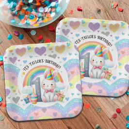 Kleurrijke regenboog en konijn 1e verjaardagsfeest papieren bordje