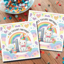 Kleurrijke regenboog en konijn 1e verjaardagsfeest servet