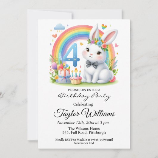 Kleurrijke regenboog en konijn 4e verjaardagsfeest kaart (Voorkant)