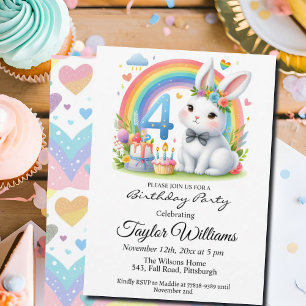 Kleurrijke regenboog en konijn 4e verjaardagsfeest kaart