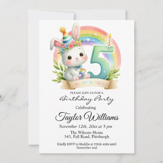 Kleurrijke regenboog en konijn 5e verjaardagsfeest kaart (Voorkant)