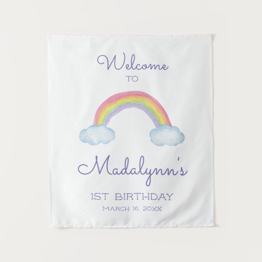 Kleurrijke Regenboog en Wolken Welkom op Verjaarda Wandkleed (Voorkant)