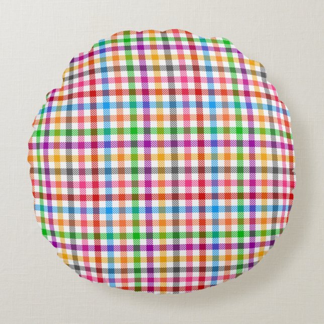Kleurrijke Regenboog Gingham Plaid Design - Wit  Rond Kussen (Voorkant)
