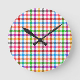 Kleurrijke Regenboog Gingham Schotse Ruit Ontwerp Ronde Klok