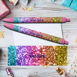 Kleurrijke Regenboog Glitter Aangepaste Naam Zwarte Inkt Pen
