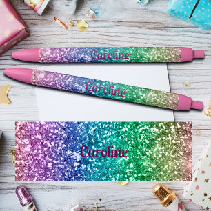 Kleurrijke Regenboog Glitter Aangepaste Naam Zwarte Inkt Pen