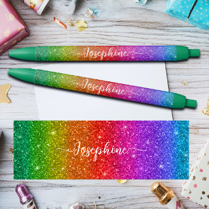 Kleurrijke Regenboog Glitter Aangepaste Naam Zwarte Inkt Pen