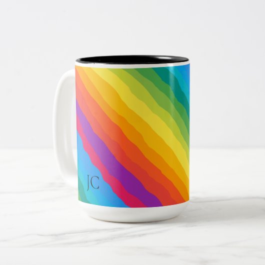 Kleurrijke regenboog golvende strepen tweekleurige koffiemok (Voorkant links)