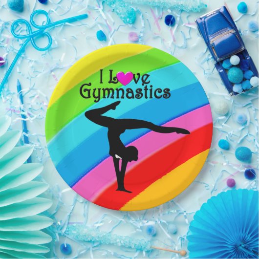 KLEURRIJKE REGENBOOG IK HOU VAN GYMNASTIEK PAPIERE PAPIEREN BORDJE (Feest)