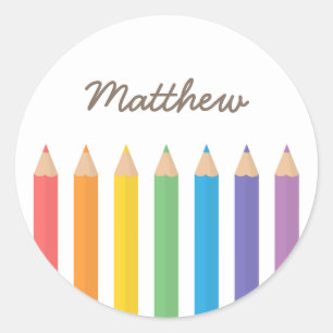 Kleurrijke Regenboog Kleurpotloden Schoolkinderen Ronde Sticker