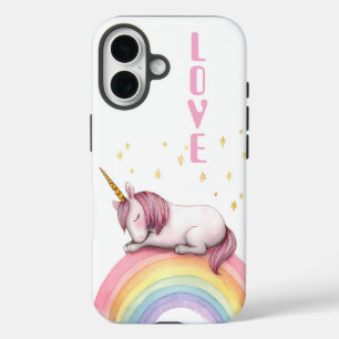 Kleurrijke Regenboog Meisjesachtige Eenhoorn Liefd iPhone 16 Hoesje