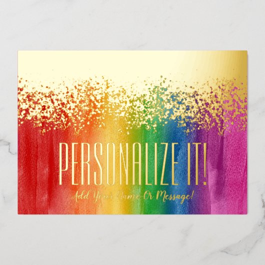 Kleurrijke regenboog met goudflens Glitzy Border K Folie Feestdagenkaart (Voorkant)