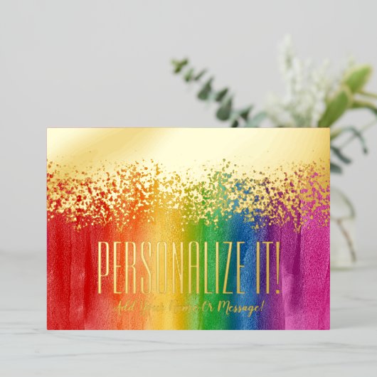 Kleurrijke regenboog met goudflens Glitzy Border K Folie Feestdagenkaart (Staand Voorkant)