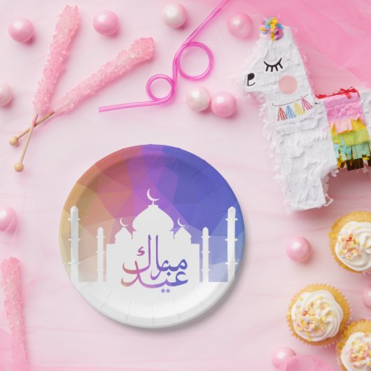 Kleurrijke Regenboog Polygonale Eid Moskee Papier  Papieren Bordje (Feest)