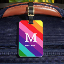 Kleurrijke Regenboog Streep Monogram en Naam Bagagelabel