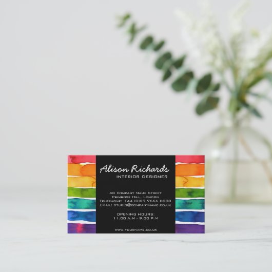 Kleurrijke regenboog strepen interieurontwerp visitekaartje (Staand voorkant)