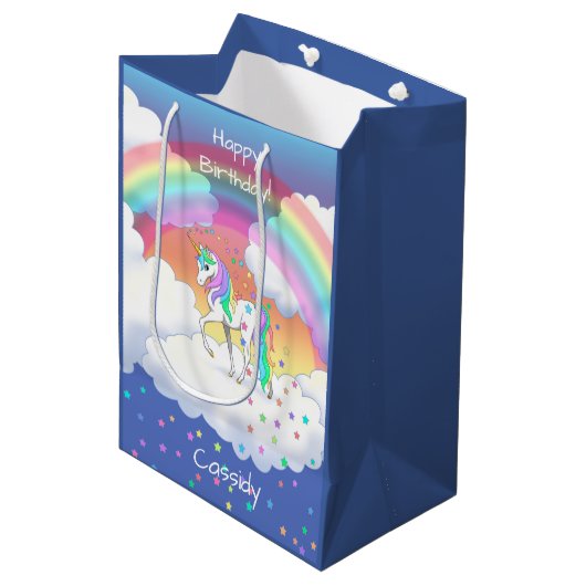 Kleurrijke regenboog Unicorn en sterren Medium Cadeauzakje (Voorkant Gekanteld)