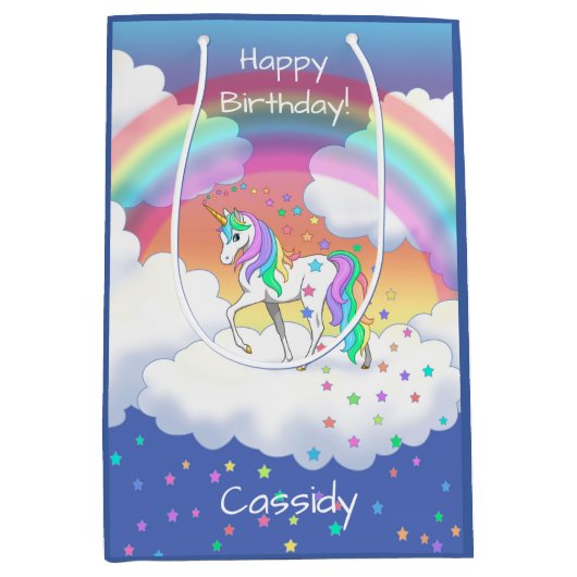 Kleurrijke regenboog Unicorn en sterren Medium Cadeauzakje (Voorkant)
