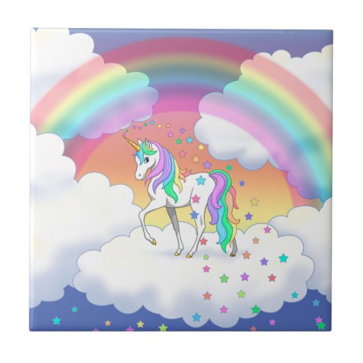 Kleurrijke regenboog Unicorn en sterren Tegeltje (Voorkant)