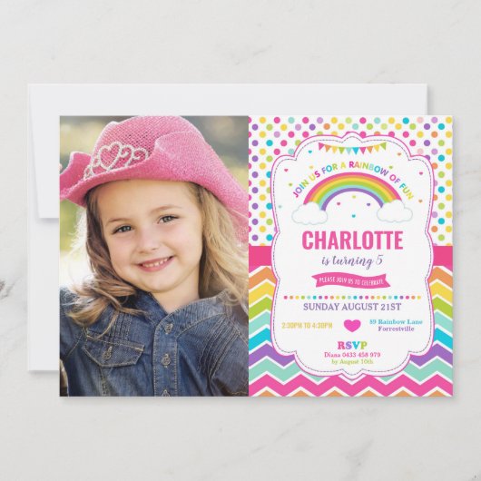 Kleurrijke regenboog verjaardagsfeestje meisje fot kaart (Voorkant)