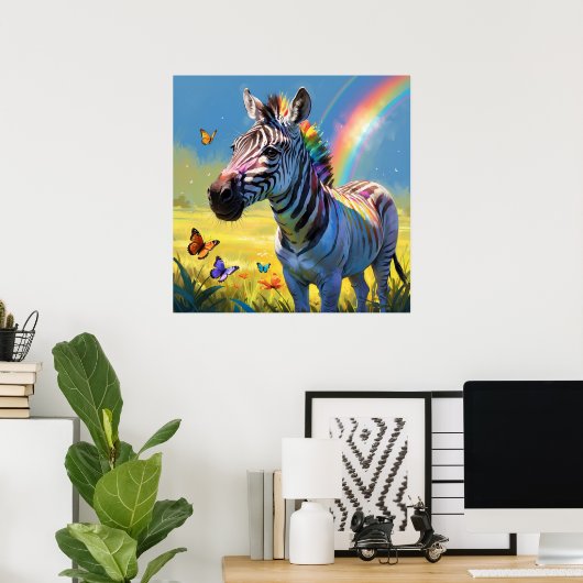 Kleurrijke Regenboog Zebra met Vlinders Schilderen Poster (Thuiskantoor)